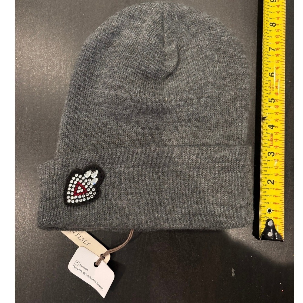Bata Italy Grey Knit Beanie Rhinestone Heart Patch Winter Hat NWT 909-0682